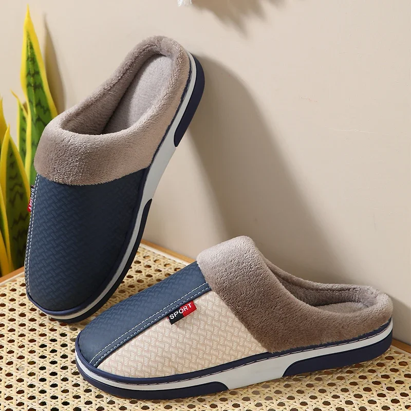 New Winter Warm Men's Plush slippers Home Indoor Non-slip PU Leather Upper Waterproof House slides Outside Male Cotton shoes