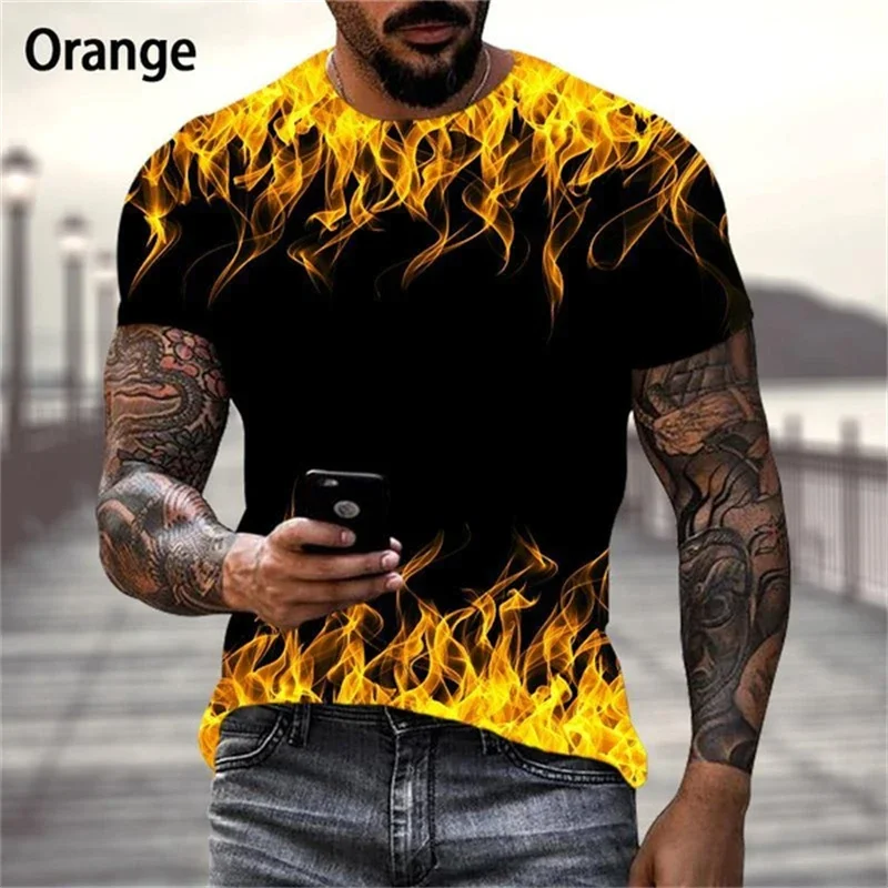 

Summer style short-sleeved round neck T-shirt, suitable for both men and women, with 3D image of colorful flames, Harajuku