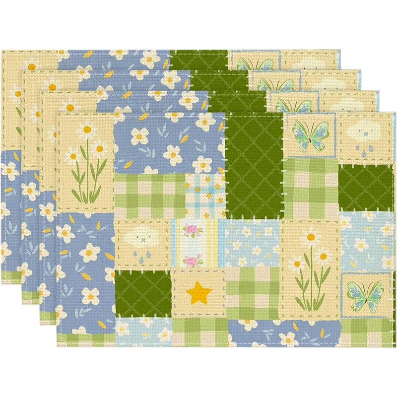 4 Stück, niedliche Gänseblümchen-Patchwork-Tischsets, waschbar, geeignet für Feiertagsfeiern, Heimdekoration, Küchentische, rechteckiges Esszimmer