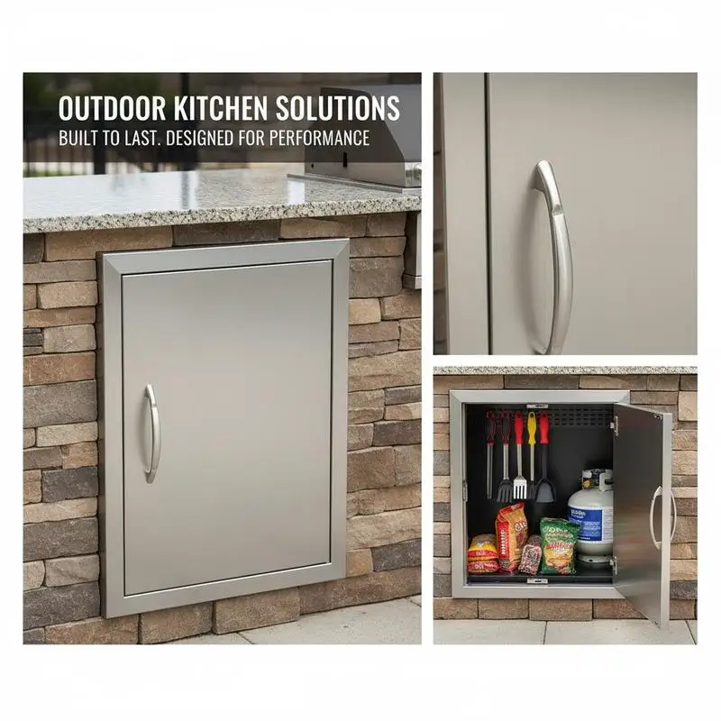Outdoor Kitchen Access Panel 16x22 Inch For BBQ Island Grilling Station Outside Cabinet Flush Mount Design Vertical Wall Installation Integrated Handle Metal Construction