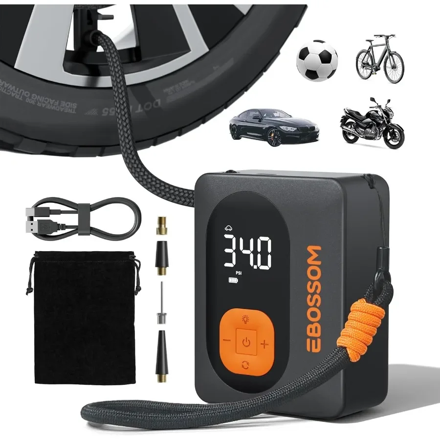 เครื่องอัดอากาศไร้สายแบบพกพาพร้อมจอแสดงผลค่าคู่แบบดิจิตอลและไฟ LED สำหรับเติมลมยางรถยนต์ จักรยาน และรถจักรยานยนต์