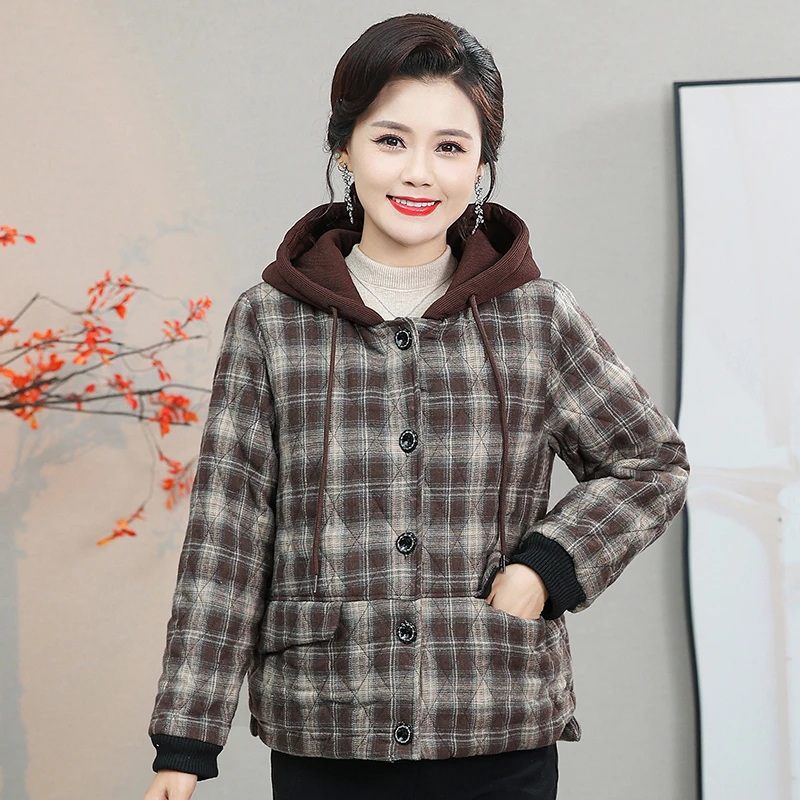 Middle Aged Women Autumn Winter Cotton Jacket New Grid cloth Hooded Thick Warm Short Outerwear Parkas Mother Coats