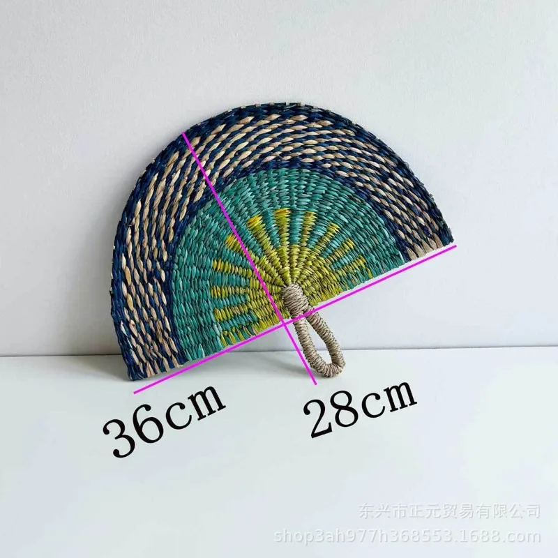 ‌Handwoven Seagrass Wall Fan Bohemian Decor with African-Inspired Patterns Natural Fiber Hanging Fan & Handheld Decorative Fans