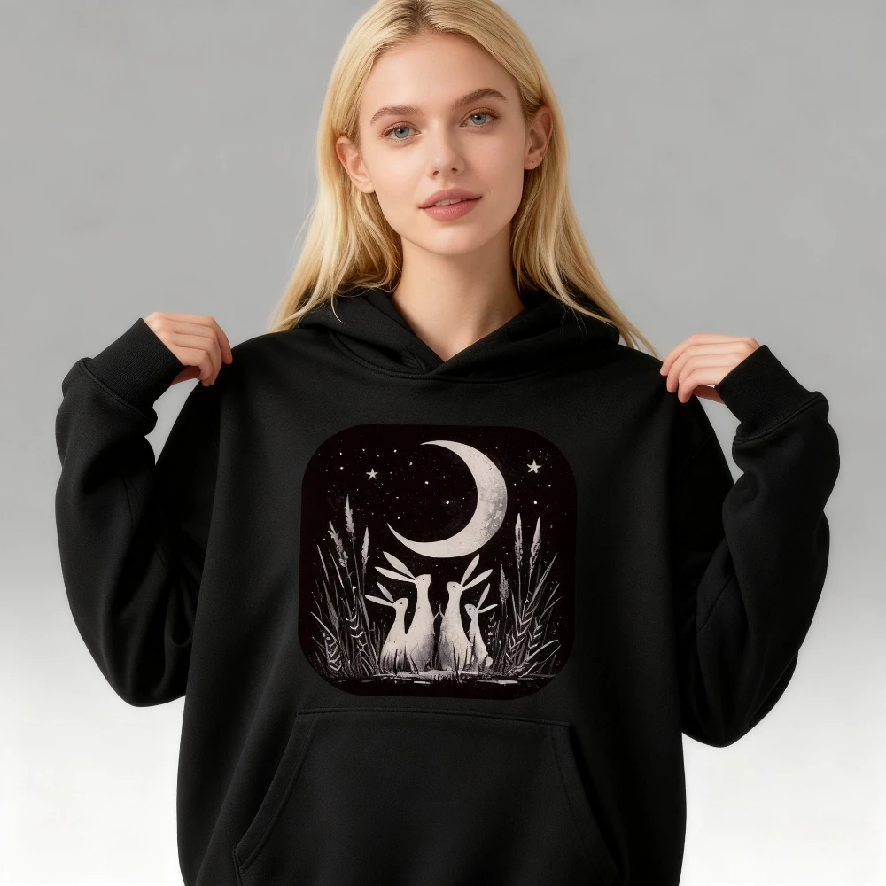 Coelho bonito com capuz lua celestial coelho roupas escuro cottagecore hoodies goblincore estética das mulheres dos homens moda vestuário casual