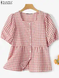 ZANZEA Elegant Puff Sleeve Gingham Blouses Women Summer 2024 Casual Square Collar Ruffled Hem Checked Shirts Korean Tunic Tops