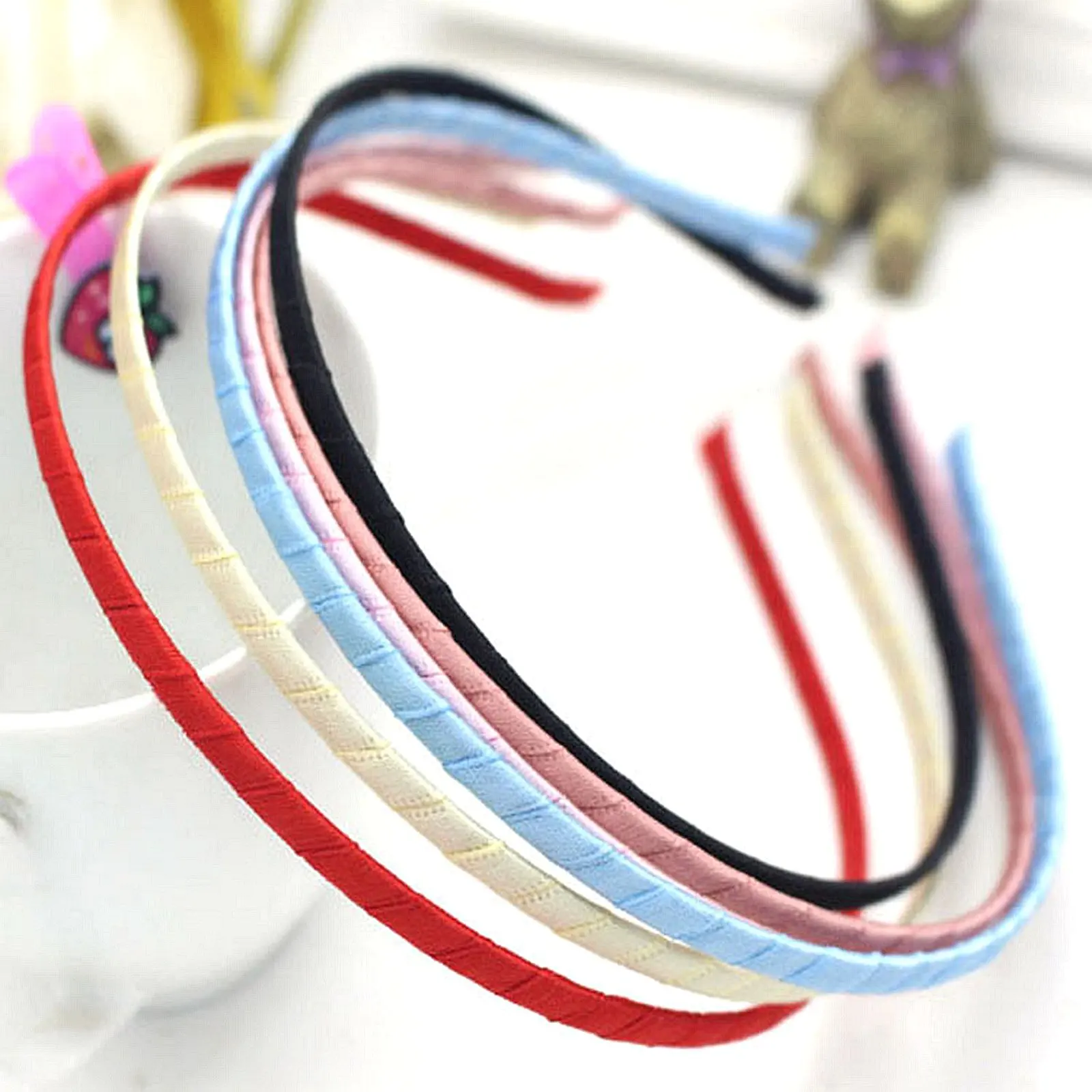 8 Mixed Color Satin Riddon Wrapped Metal Headbands 5mm Hair Bands Craft DIY