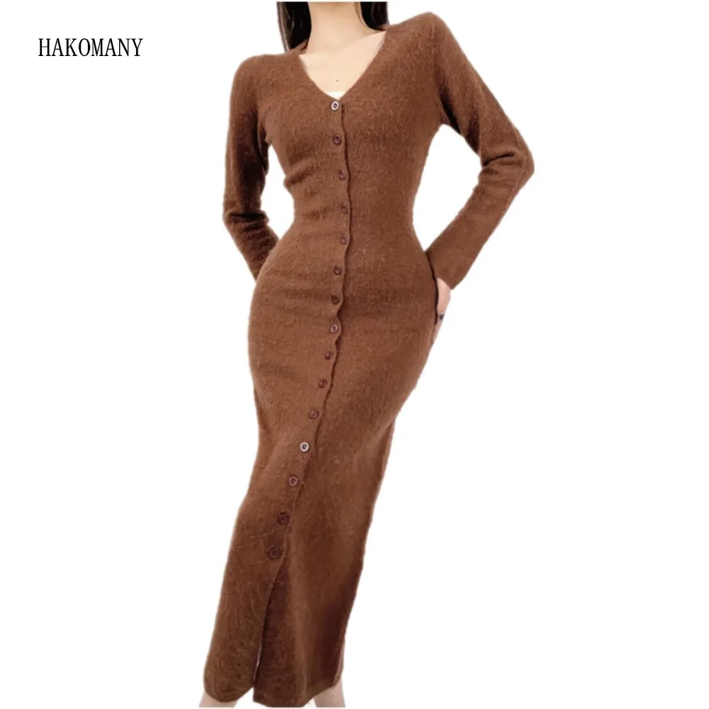 

2023 Sexy V collar Shaggy Knit Midi Long Dress Women Stretch Slim Fit Full Sleeveless Sweater Robe Autumn Winter 4 colors