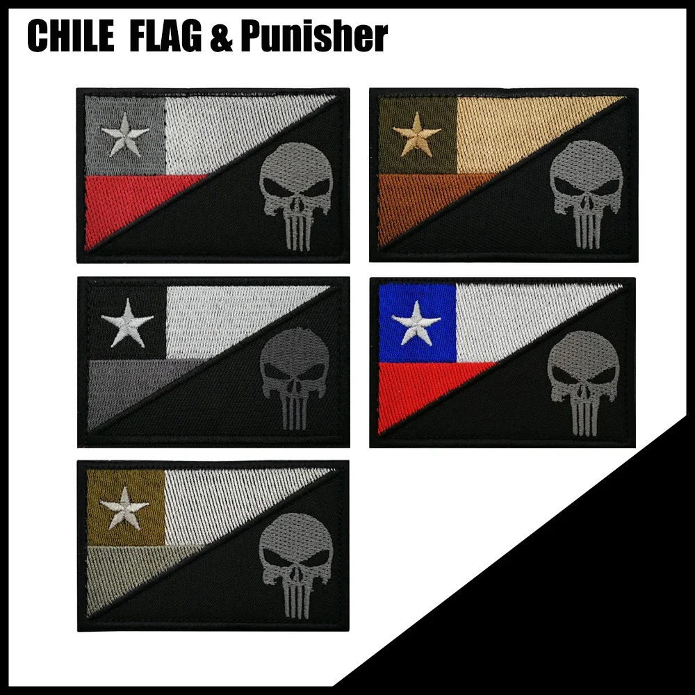 Colorful Chile National Fabric Flag Patch Of Chile Skull Head Of Chile Quality Emrboidered Flag Of Chile Patch Punshier Patch