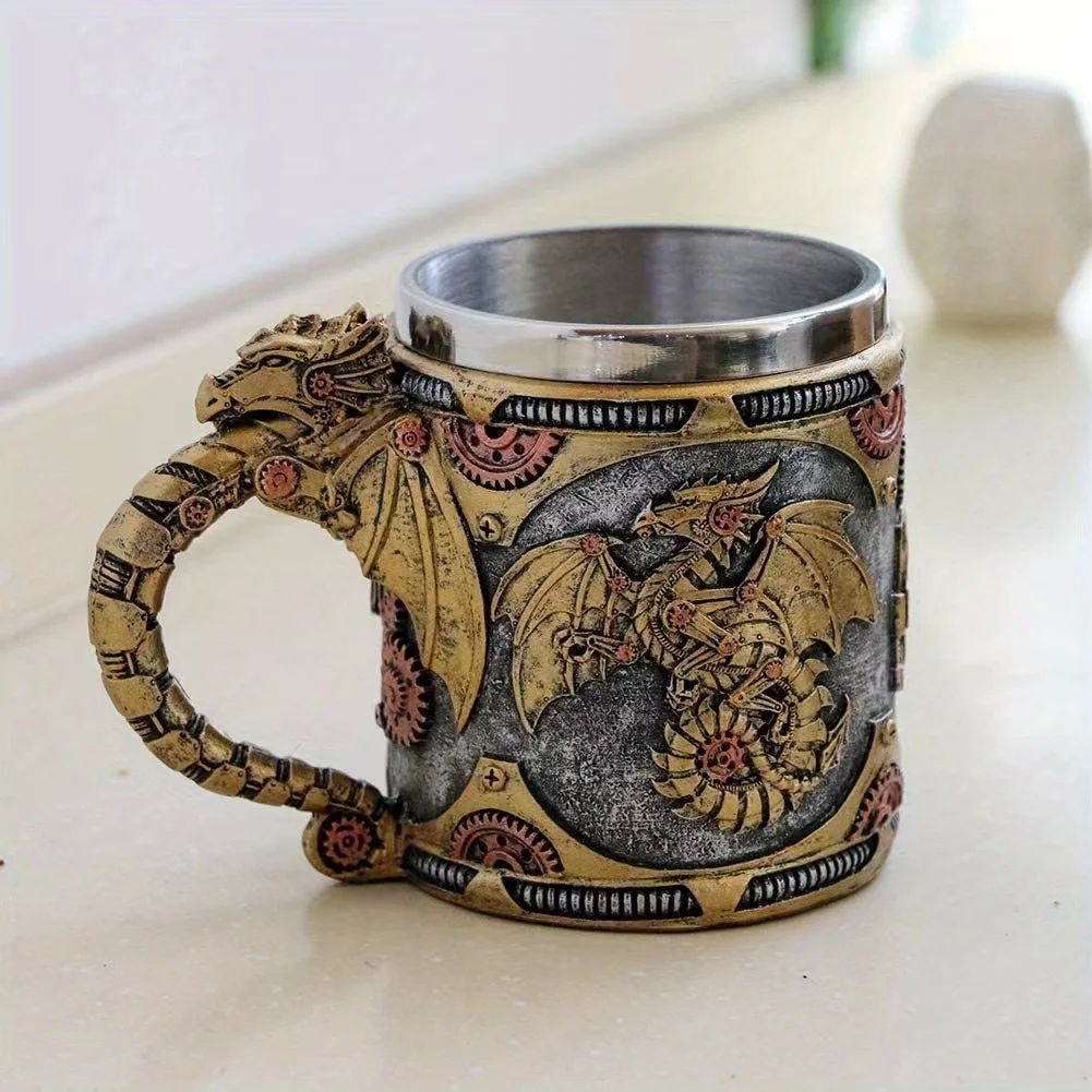 Vintage Medieval Steampunk Dragon Mug Stainless Steel Coffee Cup Metal Mechanical Loong Beer Cola Drinks Tools Men Office Gifts