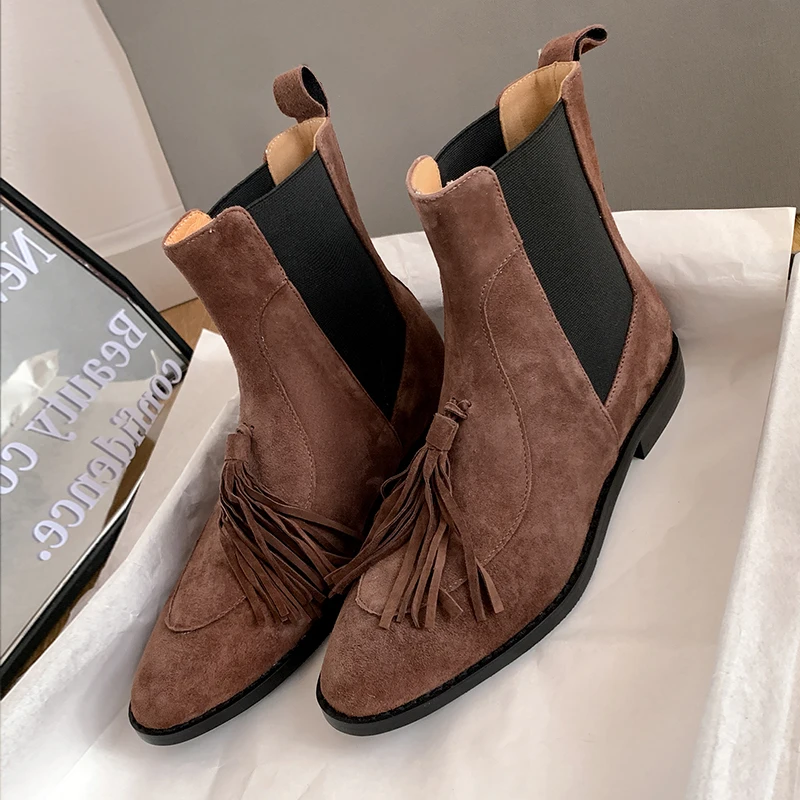 

2024 New Autumn/Winter Vintage Tassel Pendant Design Women's Short Boots Elastic Band Casual Versatile Solid Color Knight Boots