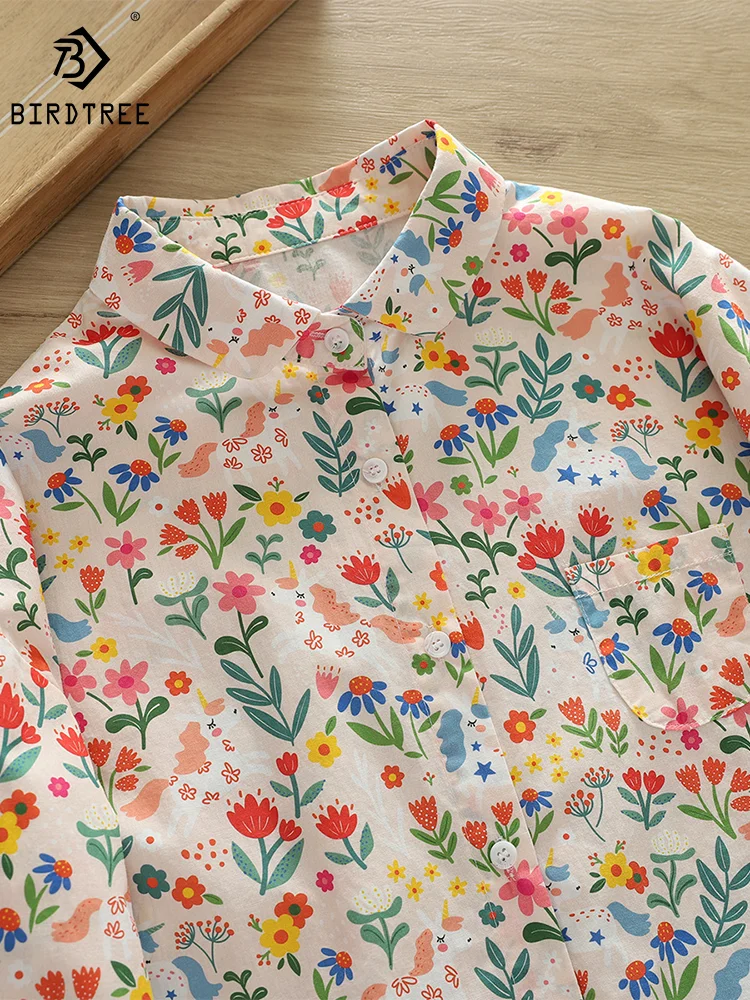 New Autumn Cotton Shirts Women Round Collar Cute Flower Print Tops Long Sleeve Pocket Loose Casual Blouses Spring T38524JM