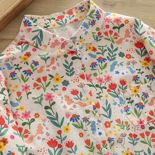여성용 라운드 칼라 코튼 셔츠, 귀여운 꽃 프린트 상의, 긴팔 포켓, 루즈 캐주얼 블라우스, 용수철 T38524JM, 가을 신상 