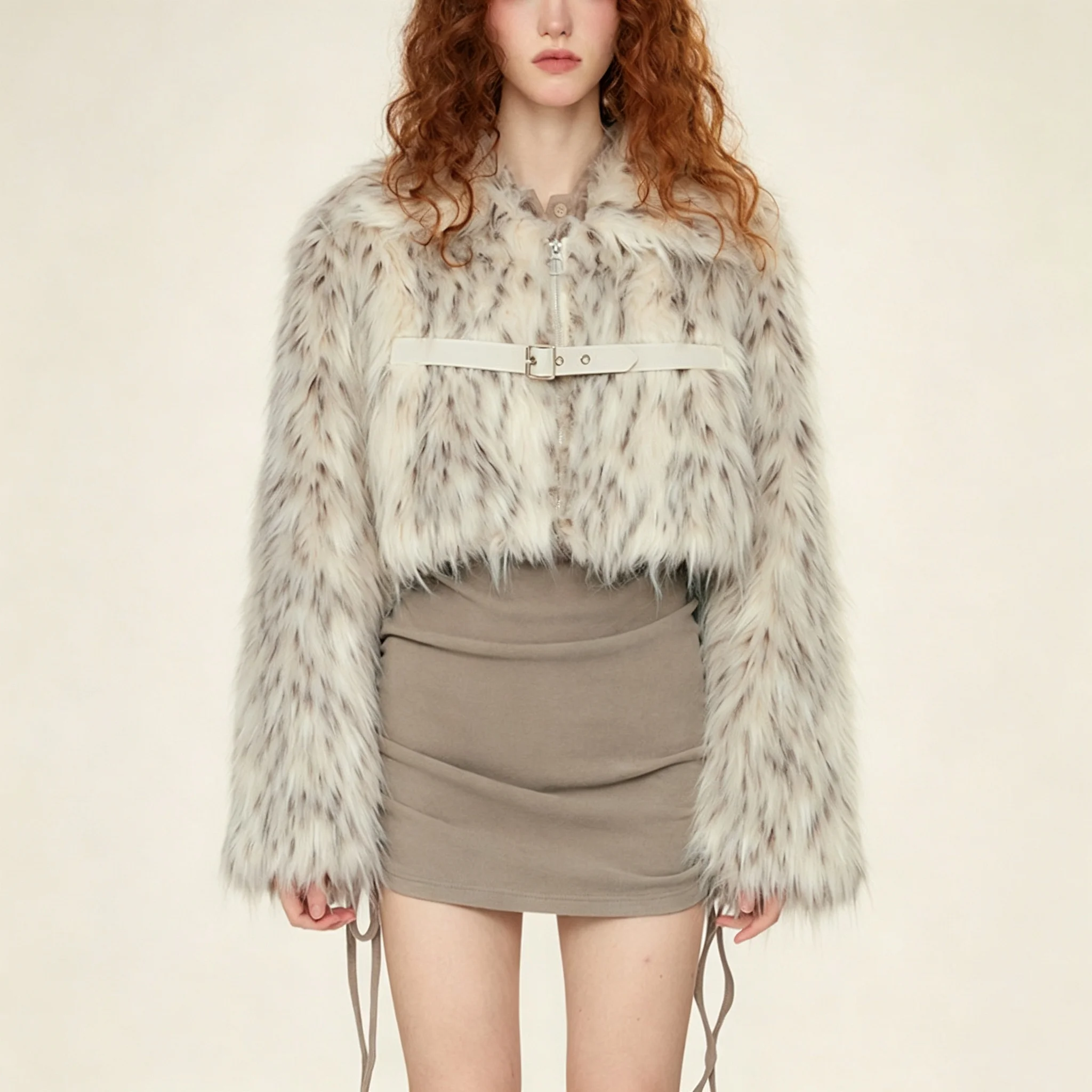 RU Women Faux Fur Cropped Jacket Zip Up Belt Decor Plush Fluffy Outerwear For Autumn Winter Club Party Street Daily Outfits