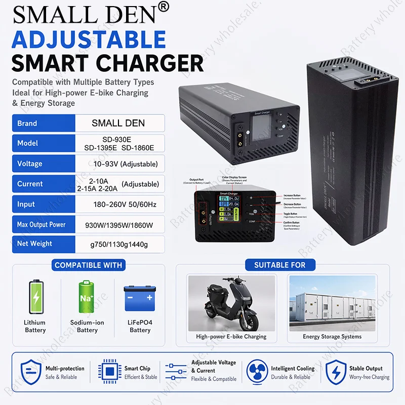 Kaliobes universal adjustable 10V to 93V smart lithium battery fast charger with LCD display