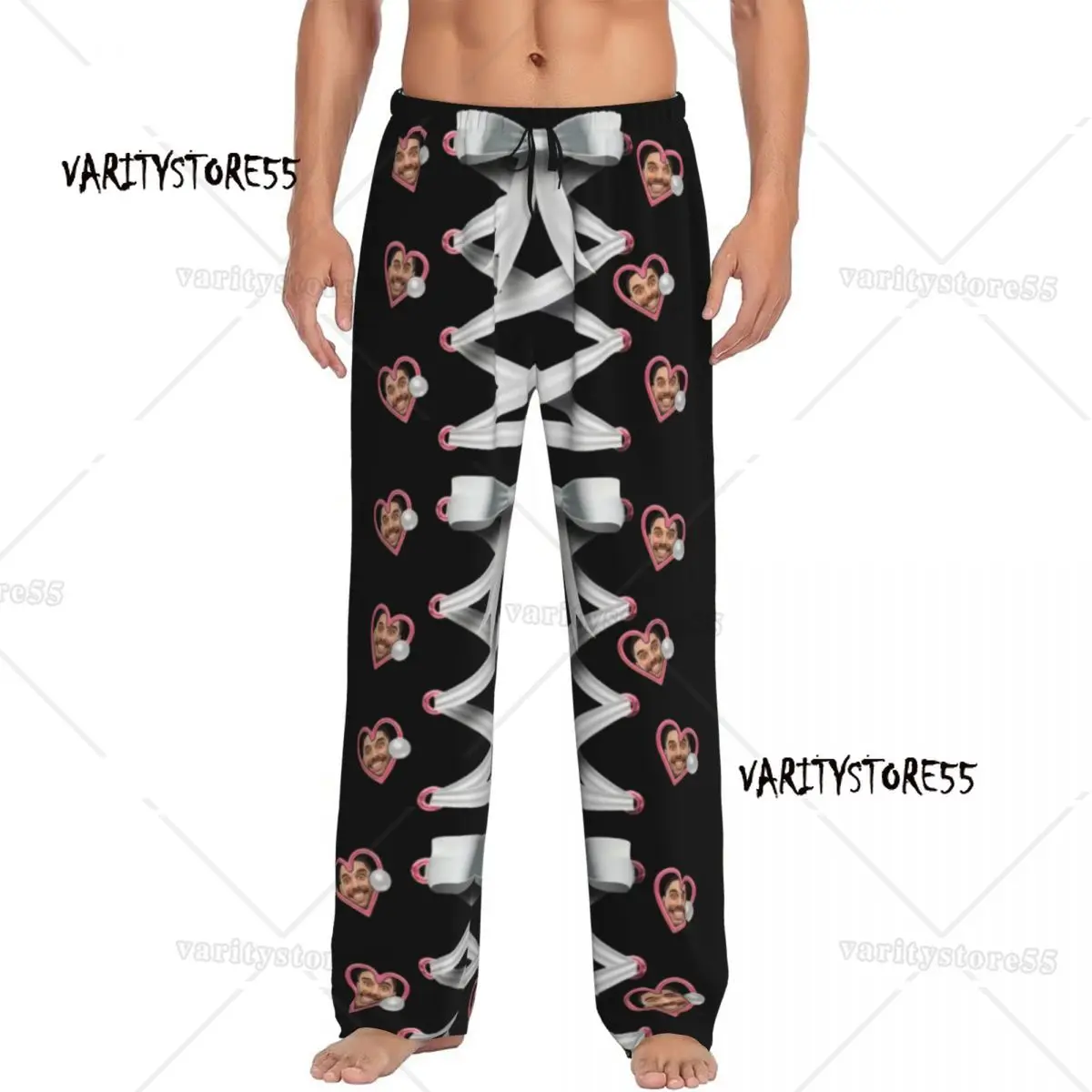 

Пижамные штаны с белым бантом и головой любви на заказ, мужские пижамные штаны с эластичным поясом, штаны для сна с карманами