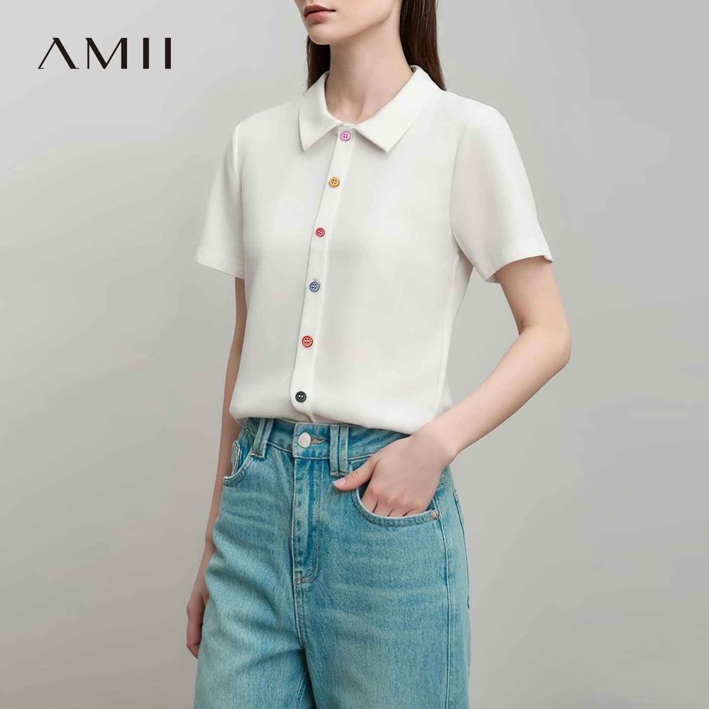 Amii Women's T-Shirt 2026 Summer New Lapel Collar Contrast Button Short Sleeve Tee Versatile Casual Knit Top For Women 12622020