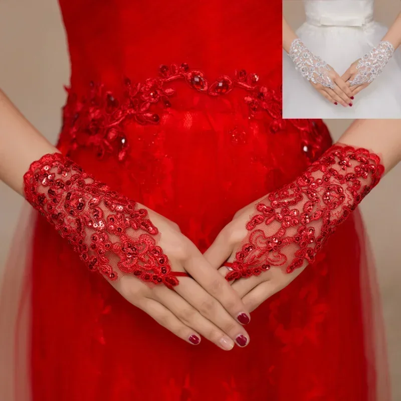 Wedding Bride Lace Gloves Fingerless Bridal Gloves Rhinestone Glove Short Party Prom Glove Accessories for Women Bride