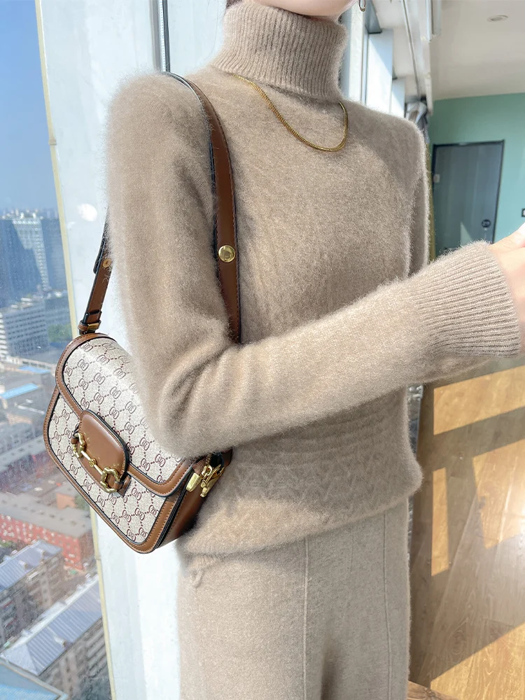 100% 메리노 울 여성용 하이 칼라 풀오버 가을 겨울 캐주얼 패션 따뜻한 두꺼운 니트 캐시미어 스웨터