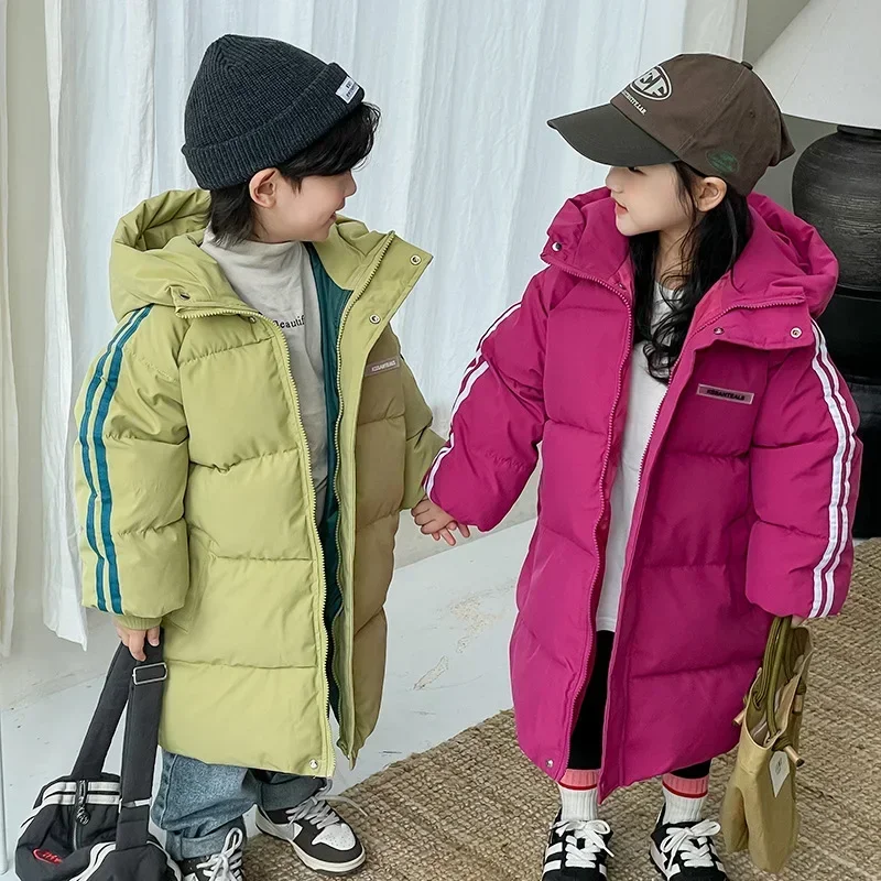 3-8Y Winter Korean Children X-Long Style Down Cotton Padded Jackets Baby Boys Girls Zipper Hooded Outwear Kids Thick Warm Parkas