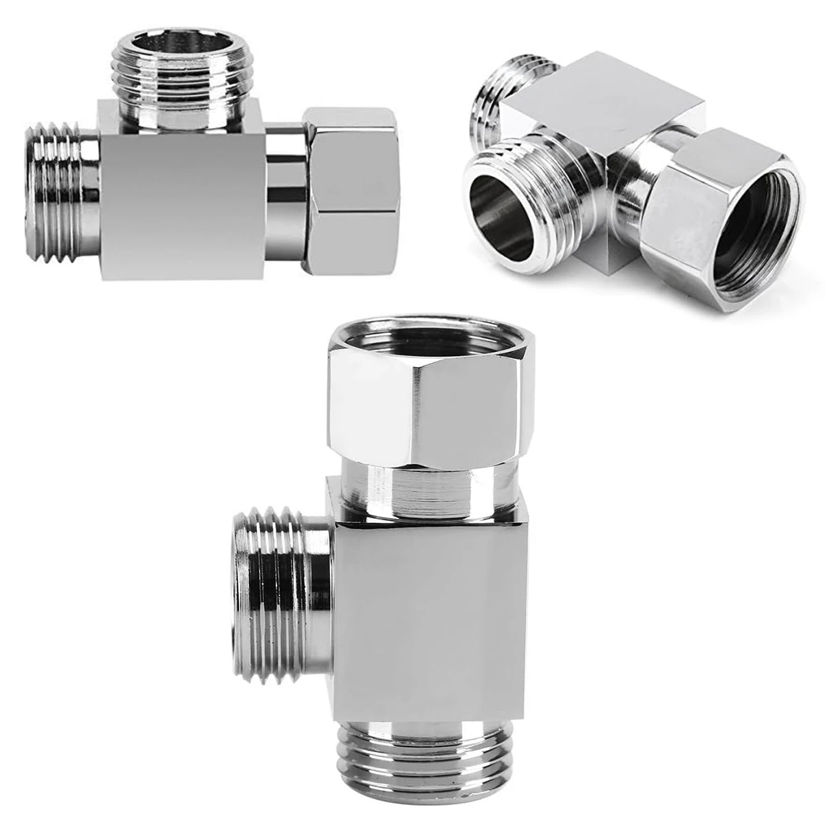 All brass 3-way plated bathroom angle valve, G1/2-inch T-adapter, one inlet and two outlets.