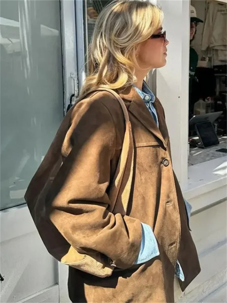 Autumn Brown Suede Leather Jacket for Women Casual Lapel Pocket Fashion Button Up Long Sleeve Coat 2024 Lady Street Outwear