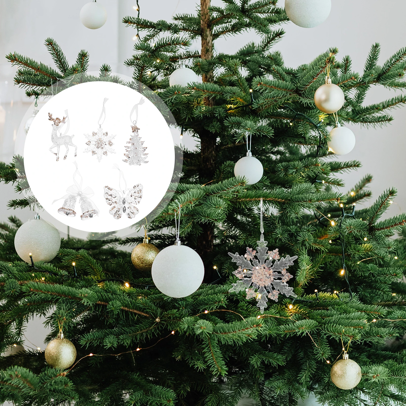

5Pcs Christmas Hanging Ornaments Clear Acrylic Snowflake Elk Butterfly Bells Winter Holiday Tree Decorations Party Supplies