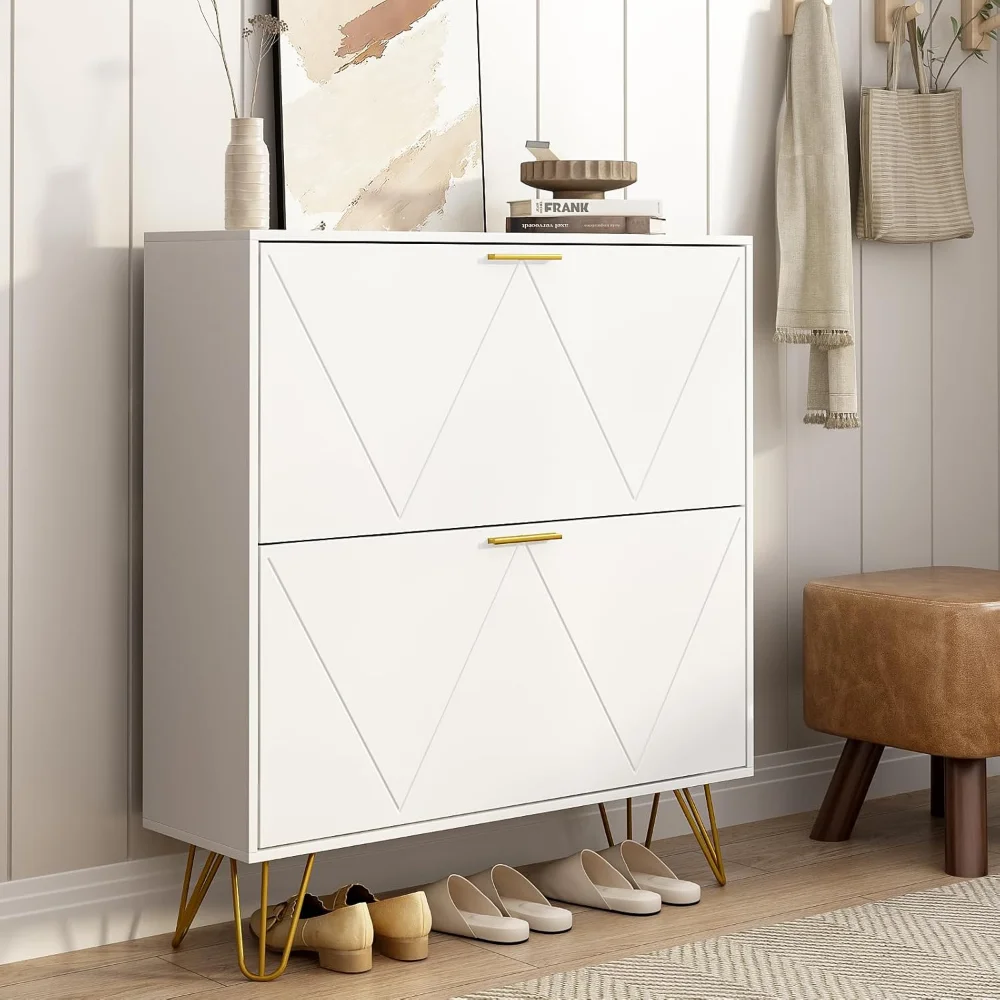 

White Shoe Cabinet Storage for Entryway, Narrow Shoe Cabinet with 2 Flip Drawers,Freestanding Organizer with Fluted Panel