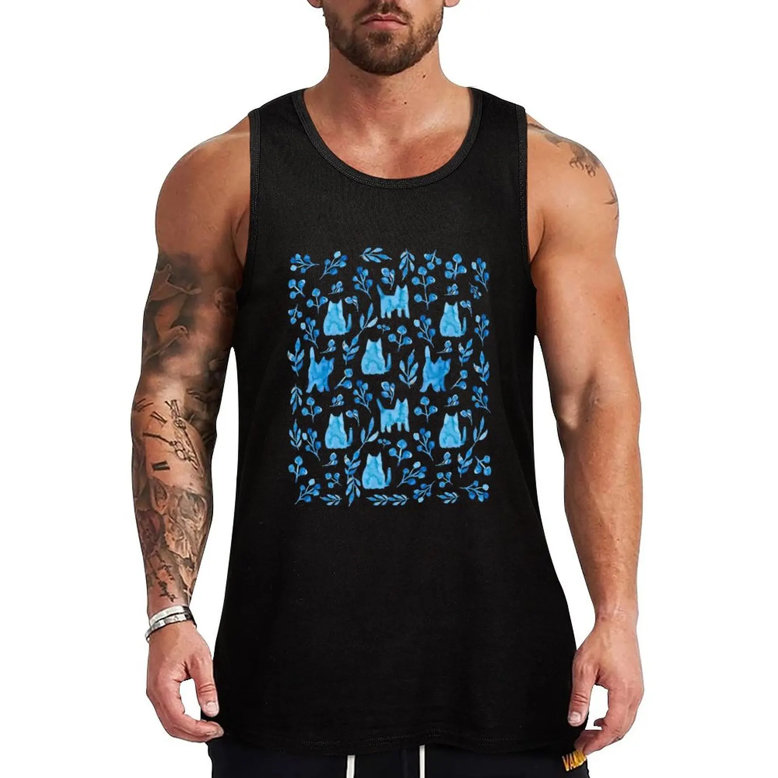 Blue watercolor cats, flowers and berries. Summer art. Tank Top Man summer clothes anime Top