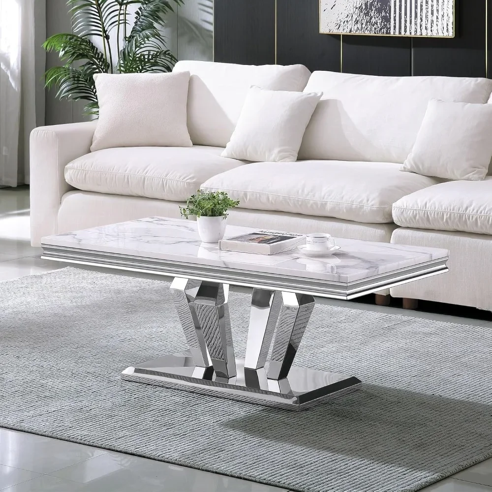 

47 Inch White Marble Coffee Table with Mirrored Diamond Stainless Steel Base,Rectangle Imitation Marble Top Cafe Table Center