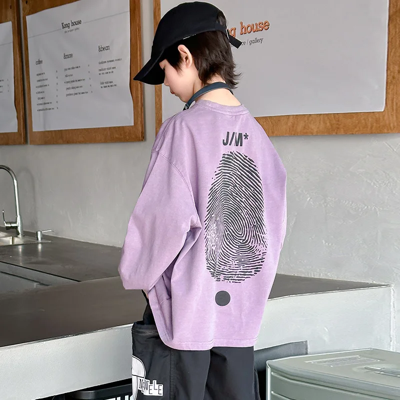 

2025 New Boys Purple Letter T-Shirt Children's Autumn Top Medium and Adult Autumn Clothes Handsome Children's Clothing