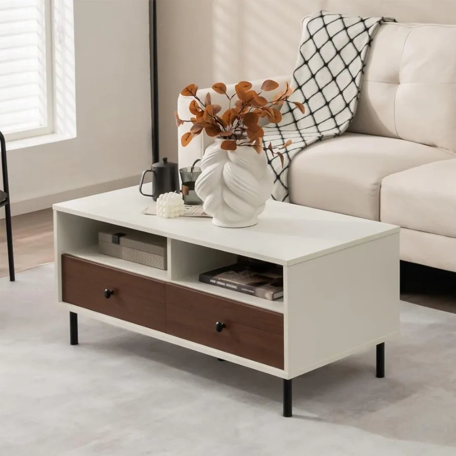 

2 Tier 40 Inch Length Modern Rectangle Coffee Table with Storage Shelf and Drawers living room table