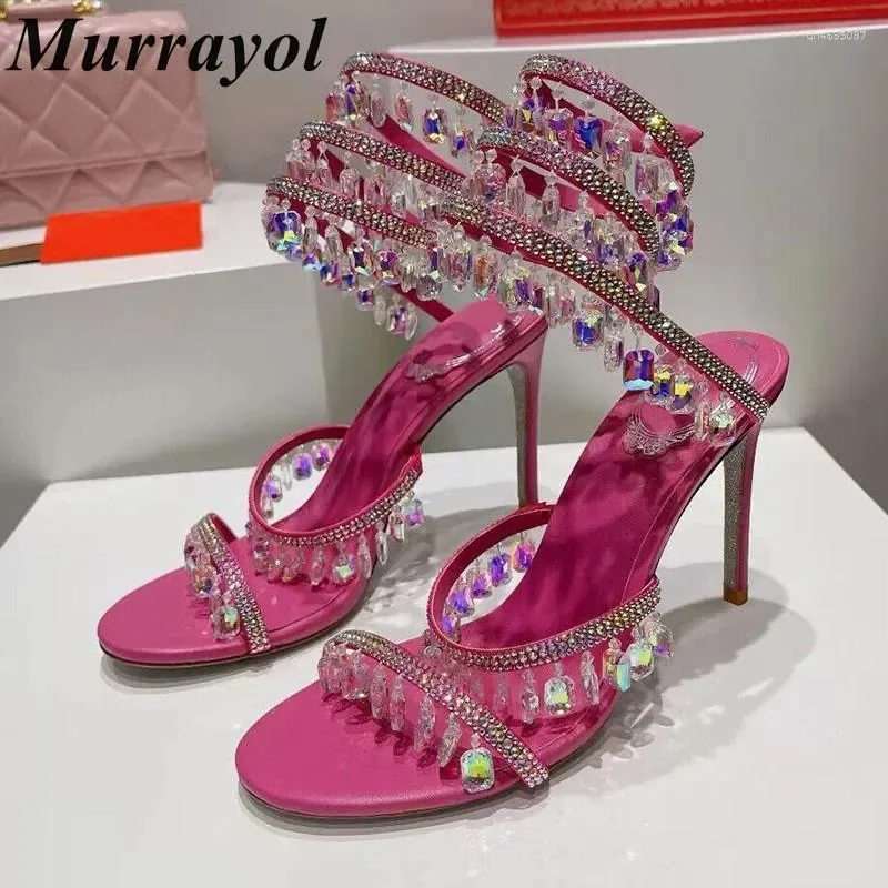 

Sandals Ankle Snake Shaped Strap Entanglement Women Tassels Rhinestone Decor Thin High Heels Sandalias Summer Dress Shoes Pumps