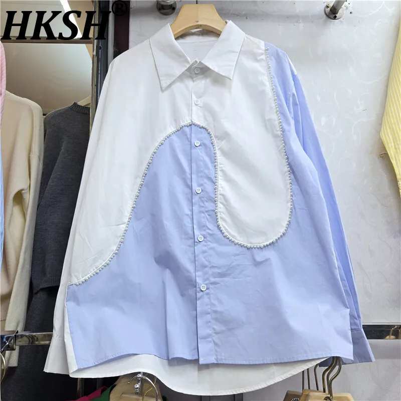 

HKSH весна осень новая женская рубашка с длинным рукавом модные расклешенные брюки контрастного цвета в стиле пэчворк нерегулярный дизайн топы HK12778