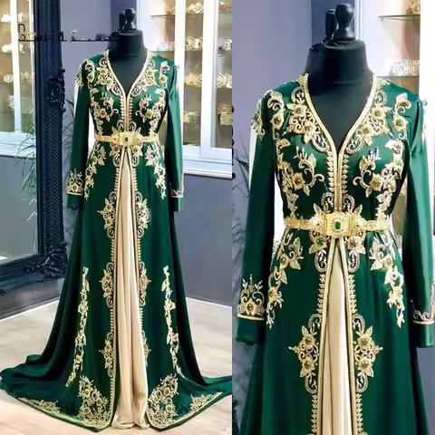 Angel Customized Green Moroccan Caftan Mermaid Evening Dress Muslim Long Sleeve Lace Crystal Beaded Prom Dress Dubai Formal Gown