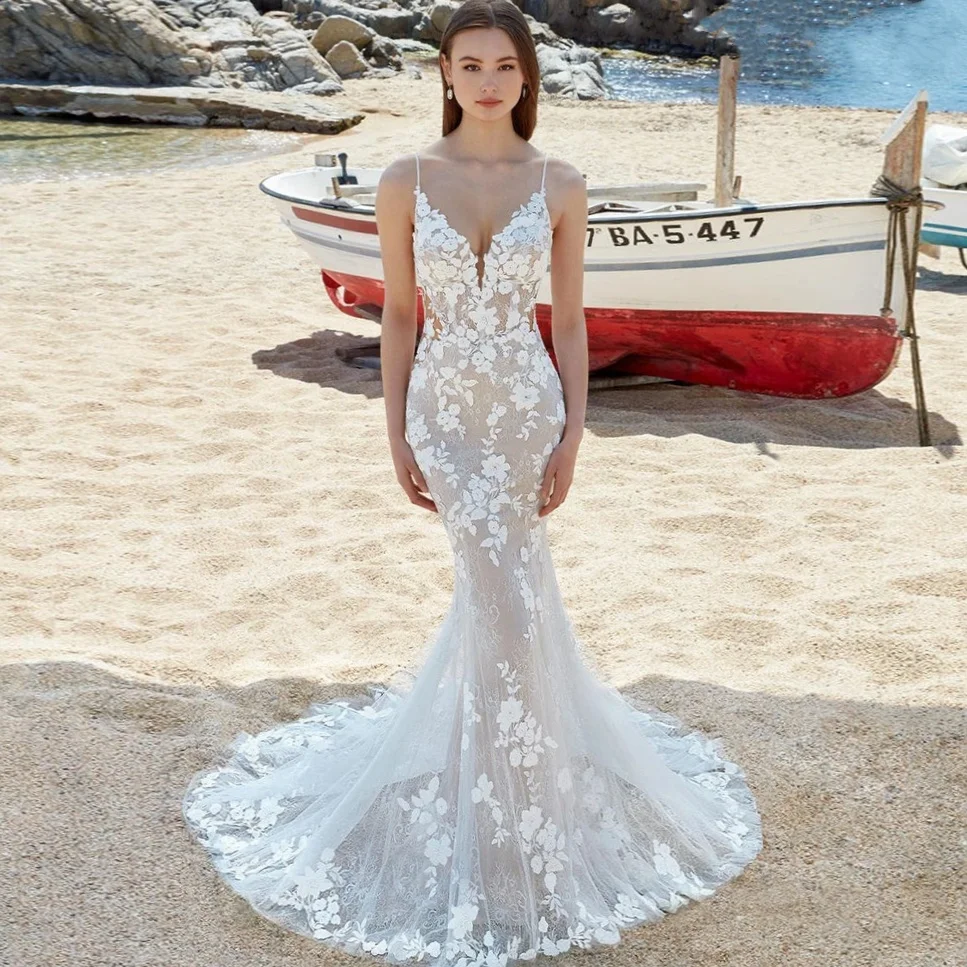 Vestido De novia De sirena sin mangas elegante Paloda personalizado, tirantes finos, Apliques De encaje, cola capilla, bata De novia