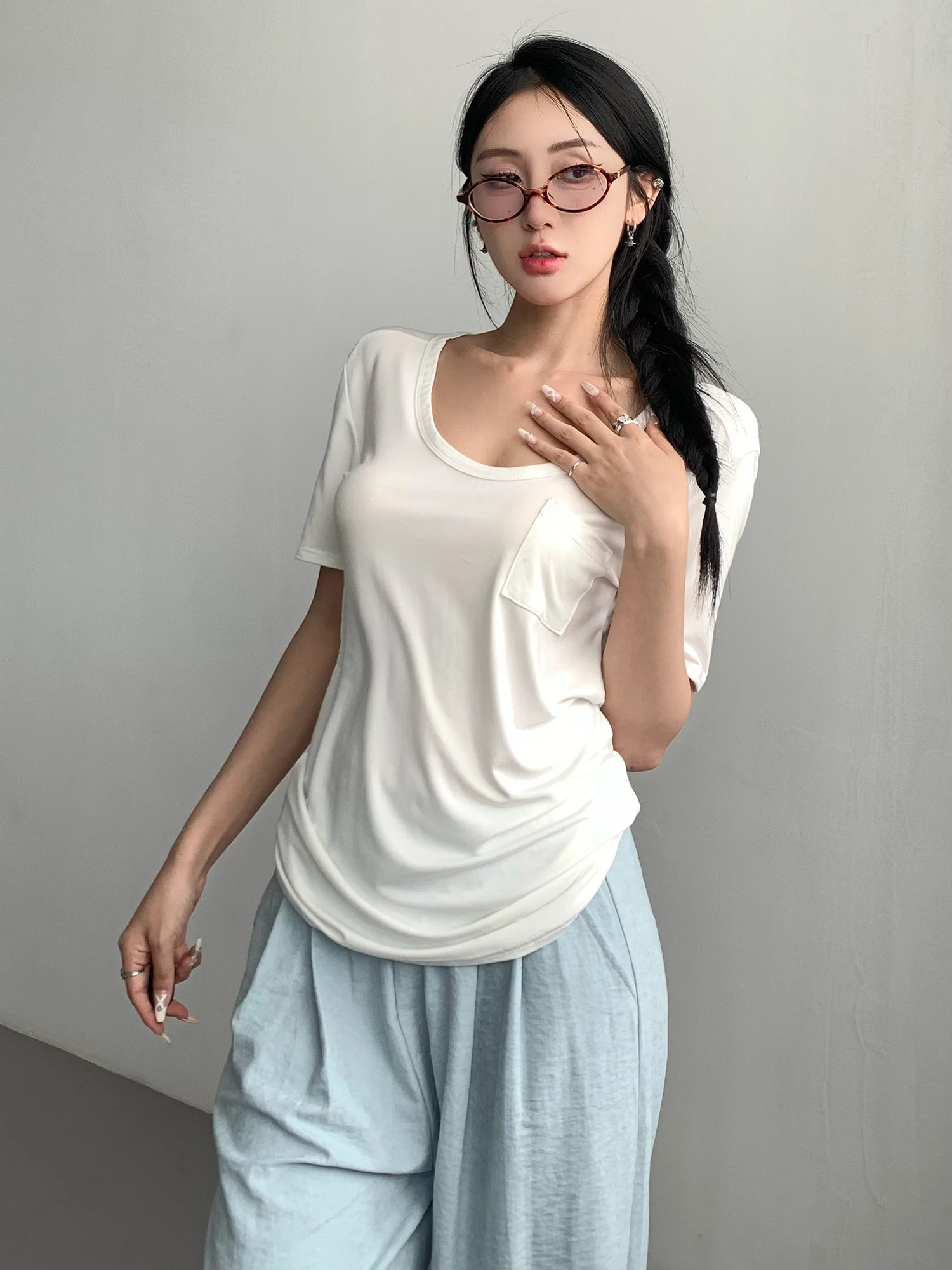 

Women's 2024 Summer New Short Sleeve Loose Low Neck T-shirt Pure Cotton Leisure Versatile Solid Mid Length Style Top D313