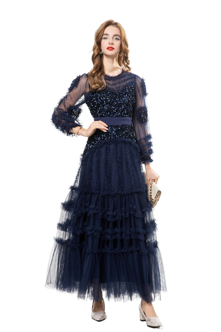 ชุดสตรี O คอแขนยาว Appliques Tiered Ruffles Sequined Elegant Designer ชุดราตรีชุดราตรี