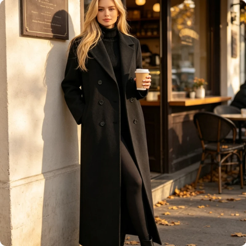 Woolen Coat Women Double Breasted Lapel 2026 Autumn Winter Long Solid Color Loose Warm Casual Fashion Outerwear Overcoat