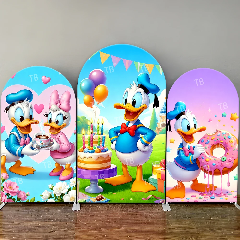 

Donald Duck Arch Backdrop Cover Birthday Cake Donut Balloons Heart Cute Photo Booth Props for Parties & Home Decoration