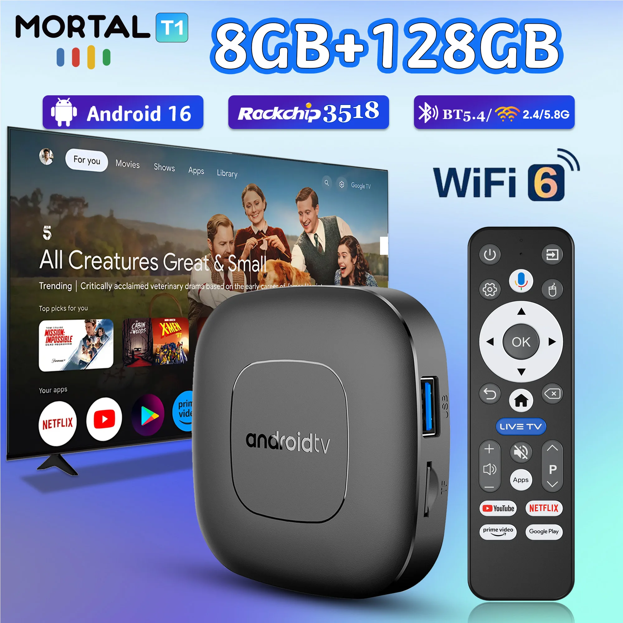 2026 جديد صندوق التلفزيون الذكي RK 3518 8GB + 128GB دعم WiFi 6 بلوتوث 5.4 + 2.3 USB 3.0 صوت جوجل مساعد مشغل الوسائط فك التشفير