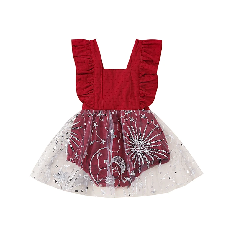 

0-24M Princess Baby Girls Romper Dress Ruffles Fly Sleeve Sequins Tulle Mesh Lace Patchwork Jumpsuits Fashion Clothing