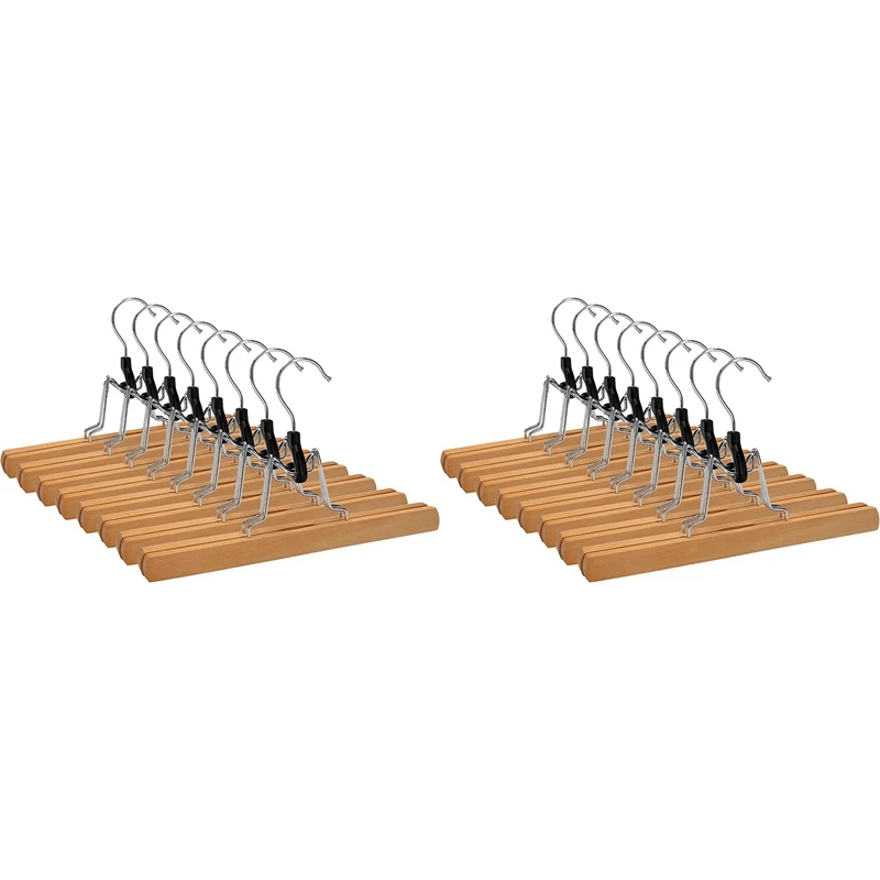 16 Pack Home Pants Rack, Wooden Stretcher, Clamping Hanger, Non-Slip, With Swivel Hook, Bedroom Clothes Organizer