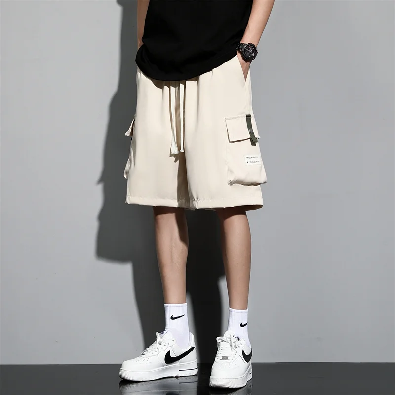 2024 New Summer Men's Loose Cargo Shorts Y2k Multi-Pockets Wide Leg Baggy Short Pants Ice Silk Quick Dry Straight Casual Shorts