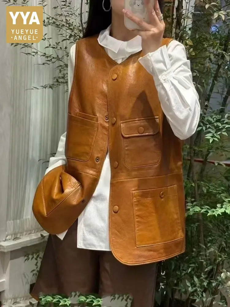 Autumn Women Sheepskin Genuine Leather Vest Loose Fit Reversible Single Breasted Waistcoat Multi Pockets Adjustable Waist Vests