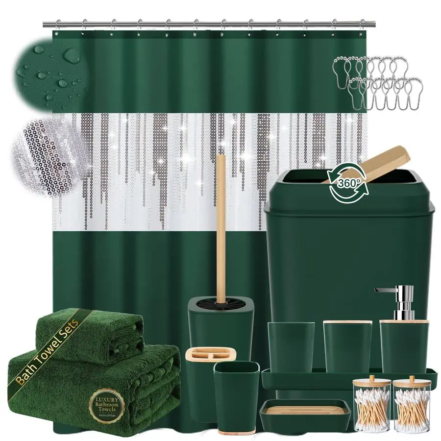 

Зеленый набор аксессуаров для ванной комнаты с занавеской для душа с блестками Темно-зеленый декор для ванной комнаты с мусорным баком, держателем для зубных щеток, зубной щеткой