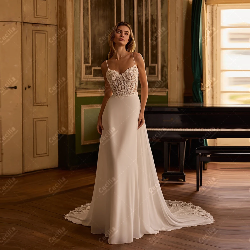 

Modern Wedding Dresses Bridal Gowns Lace Appliques Sweep Train Elegant Robes Sleeveless Vintage Customized Vestidos De Novia