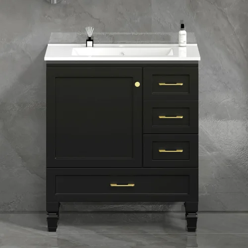 30 meubles-lavabos noirs pour salle de bain. Beaucoup de casiers - 1 porte à fermeture amortie et 3 tiroirs