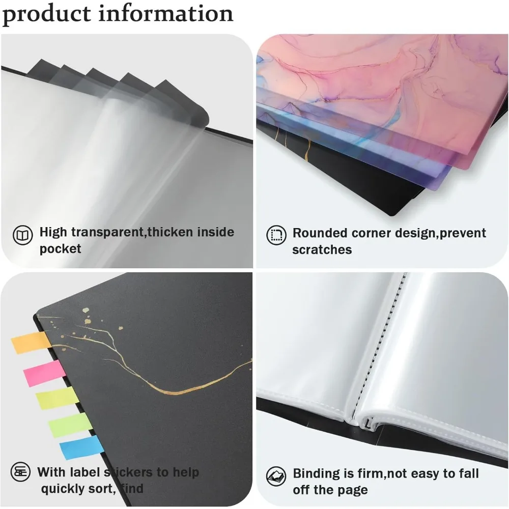 A3 Art Portfolios Case 40 Pages,Marble Black Diamond Painting Storage Book,Pocket Protector with Index Stickers,Clear Portfolio