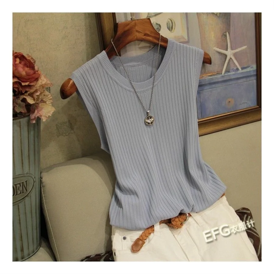 Summer Sleeveless Blouse Women O-neck Knitted Blouse Shirt Women Clothes Women Tops DF4903