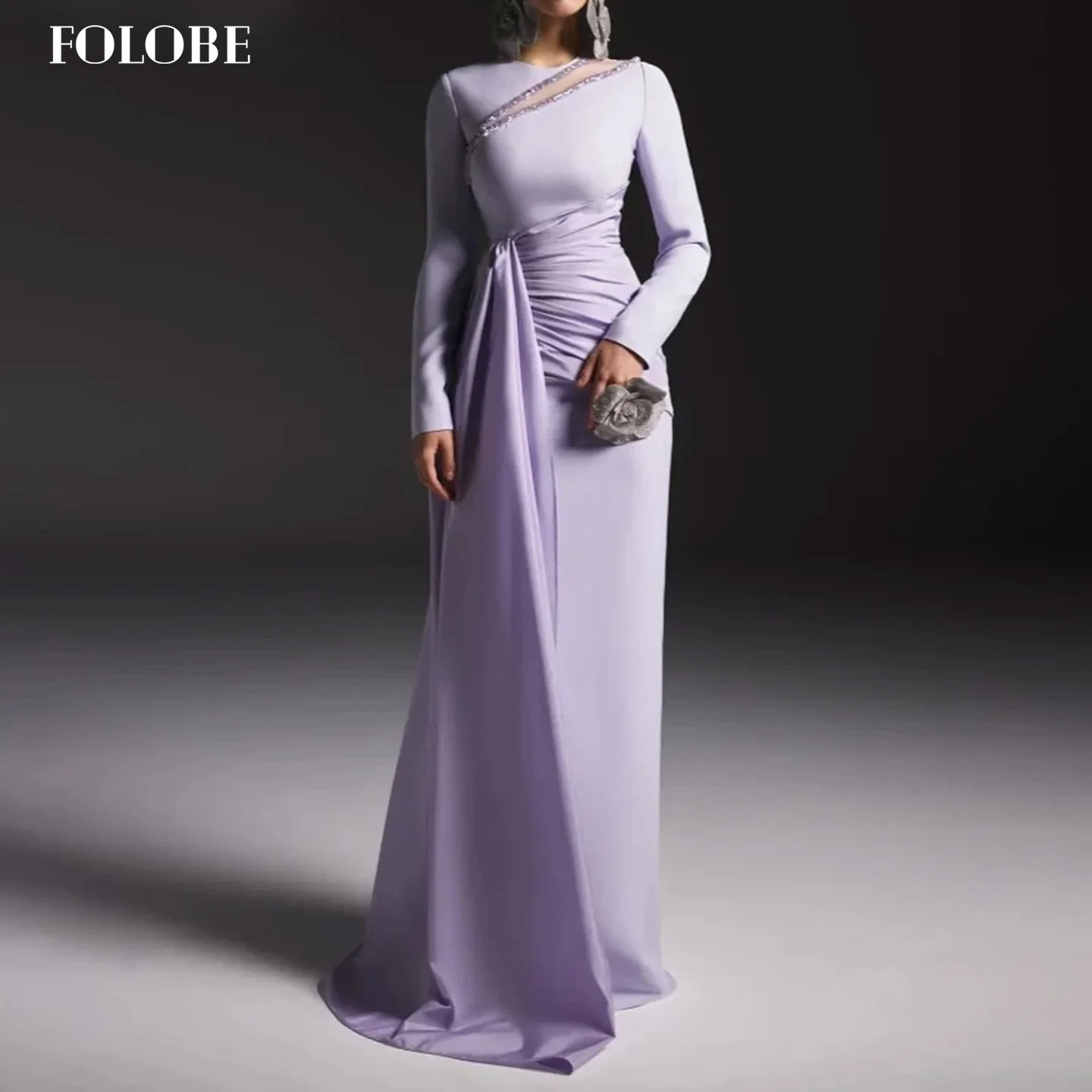 

FOLOBE O-Neck Evening Dress Lilac Modest with Full Sleeve Pleated Elegant Prom Gown for Woman Wedding Party Dress Customized